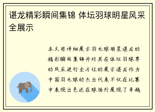 谌龙精彩瞬间集锦 体坛羽球明星风采全展示