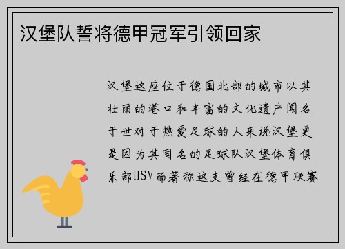 汉堡队誓将德甲冠军引领回家